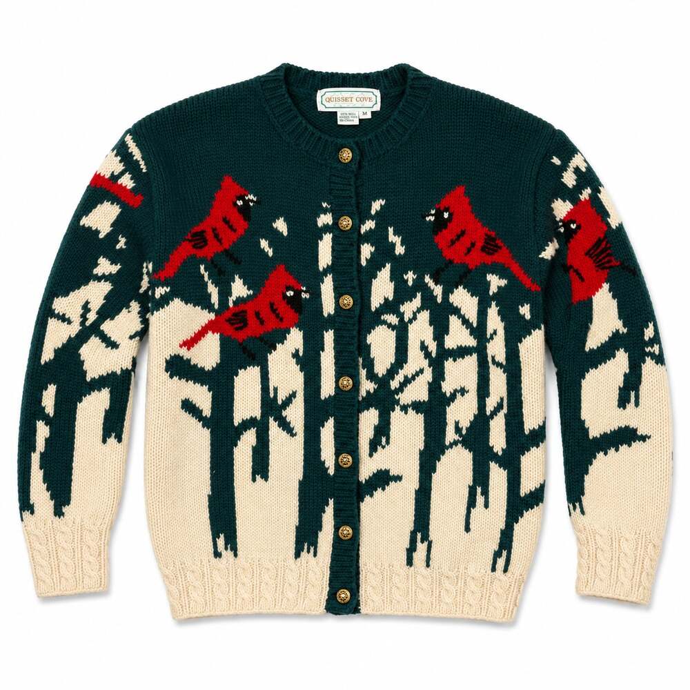Vintage Quissett Cove 100% Wool Cardinal Bird Pattern Cardigan Sweater